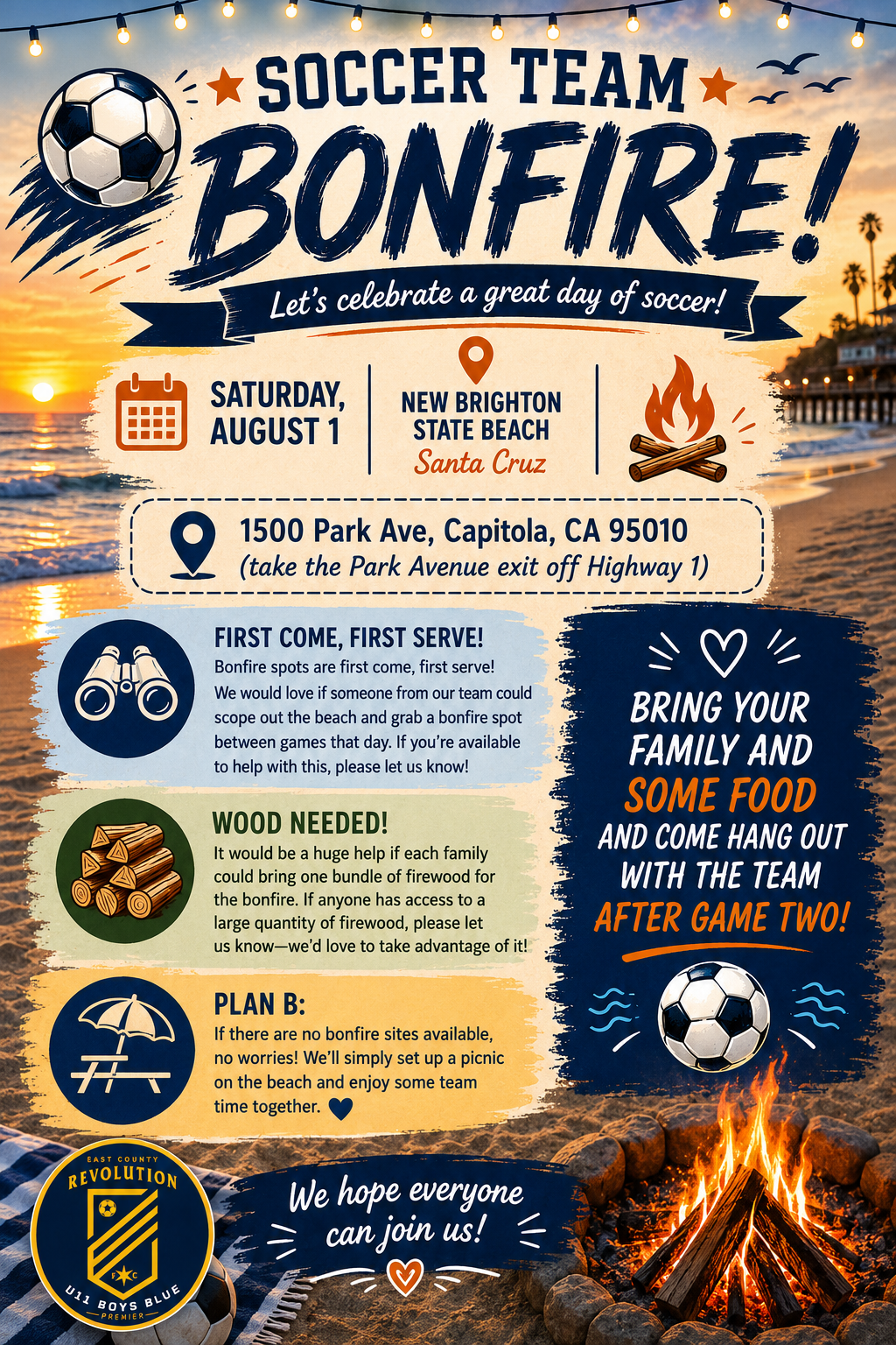 Team bonfire flyer: Saturday August 1 at New Brighton State Beach, Santa Cruz